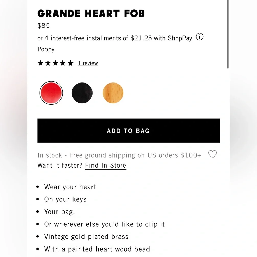 Clare V Grand heart fob in poppy NWT retail $85